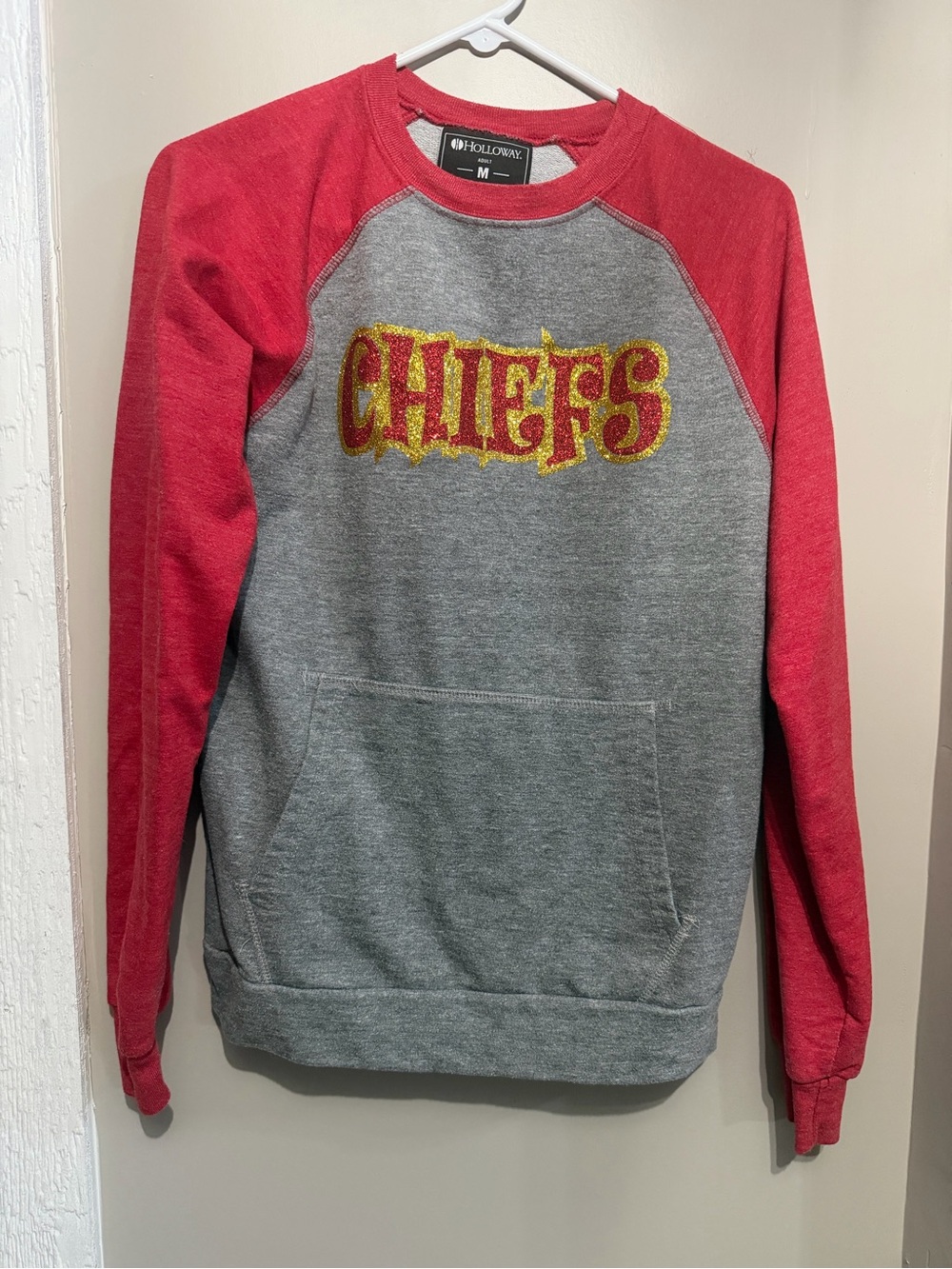 Holloway Red Raglan Sleeve Gray Crew Sweatshirt with Gold Glitter 'CHIEFS'